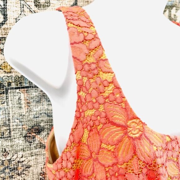 Trina Turk Gaviota Coral Lace Dress SIze 8 Scoop Neck Nude Lining Cotton Blend - Picture 6 of 10